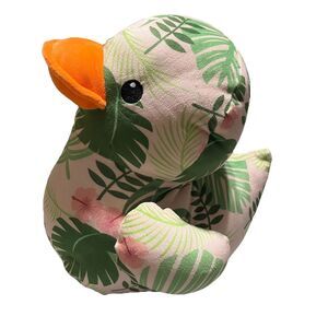 MTY International Light Pink Green Floral Tropical 14" Sitting Plush Duck Toy